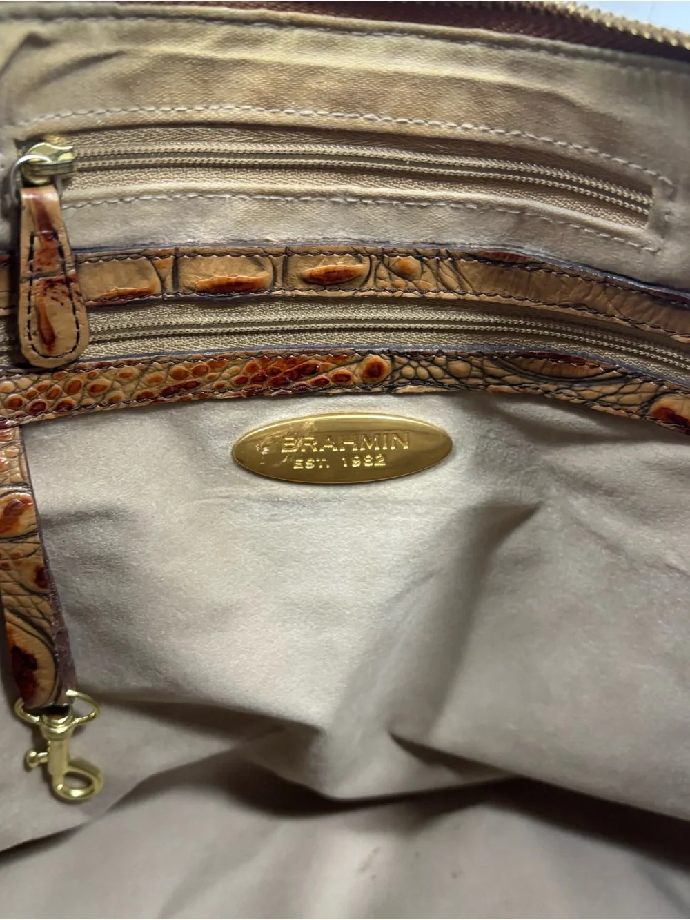 Brahmin Tan Belinda Croc Leather Embossed Hobo Bag Purse Designer Dual Pockets